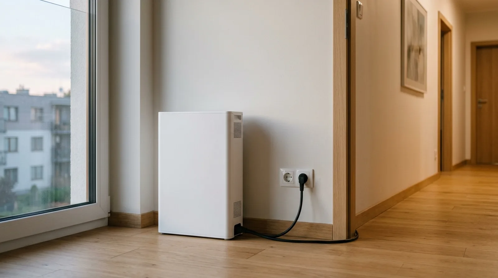 Magazyn energii plug-in podłączony do zwykłego gniazdka w przedpokoju mieszkania