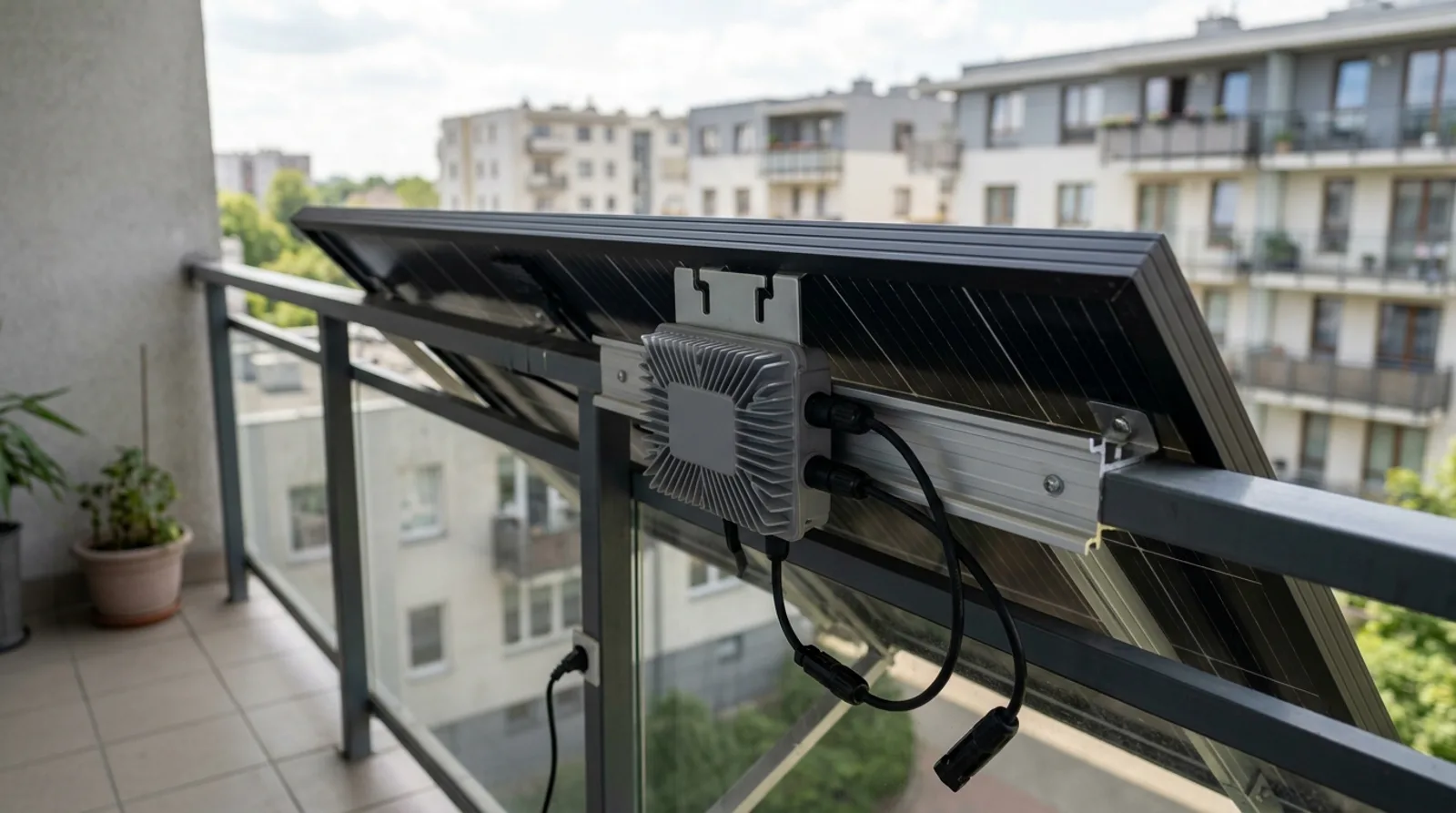 Mikroinwerter balkonowy 800W zamocowany na szynie za panelem fotowoltaicznym na barierce balkonu w bloku